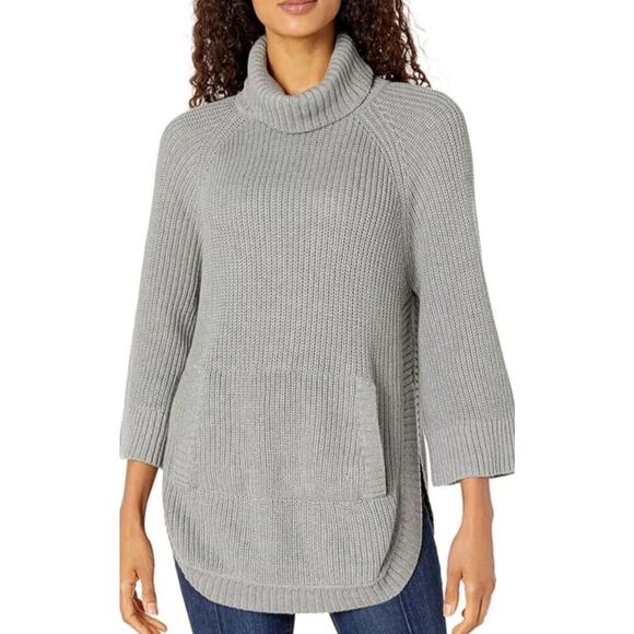 UGG Raelynn Gray Knit Turtleneck Poncho Sweater 100% Cotton M Pocketed Pullover - Picture 1 of 9